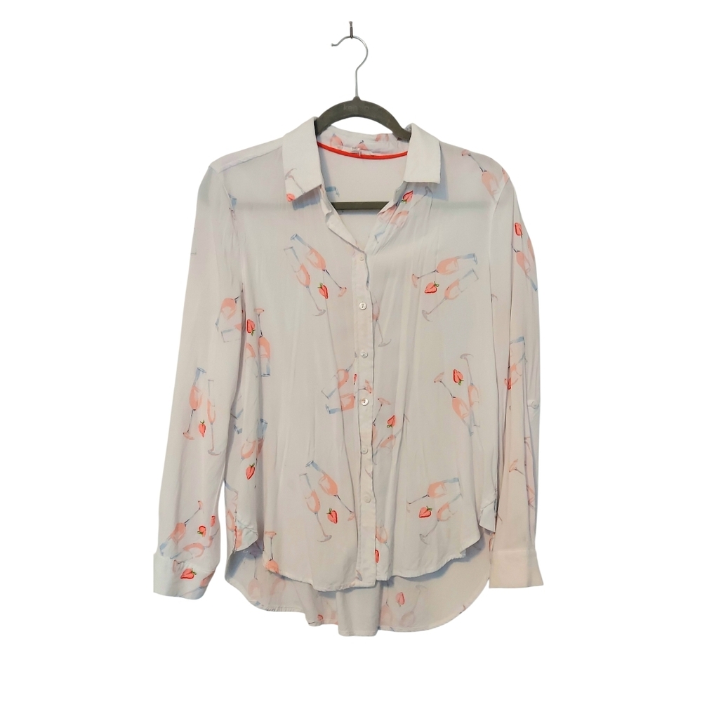 Jane & Delancey Champagne & Strawberries White And Pink Button Down Shirt Size S